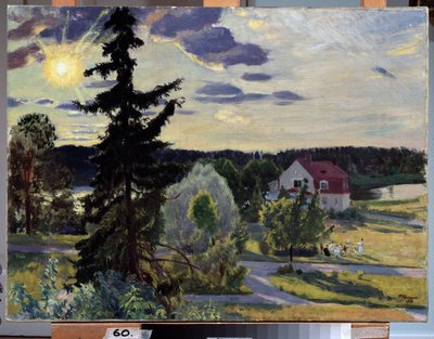 Kveldslandskap. En gruppe barn leker med en ball på plenen foran et hus. Maleri av Boris Michaylovich Kustodiev (Kustodiev) (1878-1927), olje på lerret av Boris Mikhailovich Kustodiev