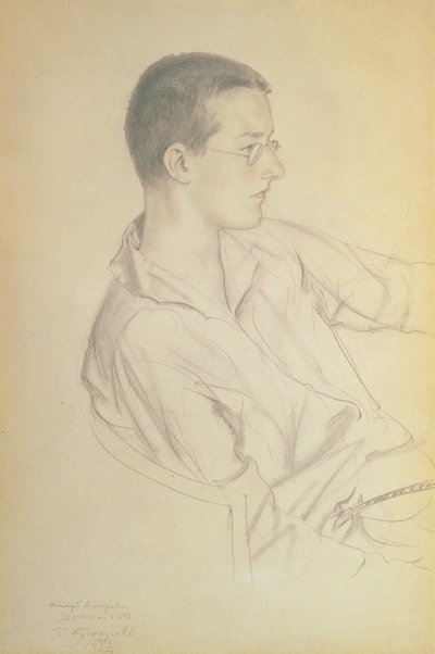 Portrett av Dmitri Dmitrievich Shostakovich (1906-75), 1923 (blyant på papir) av Boris Mikhailovich Kustodiev