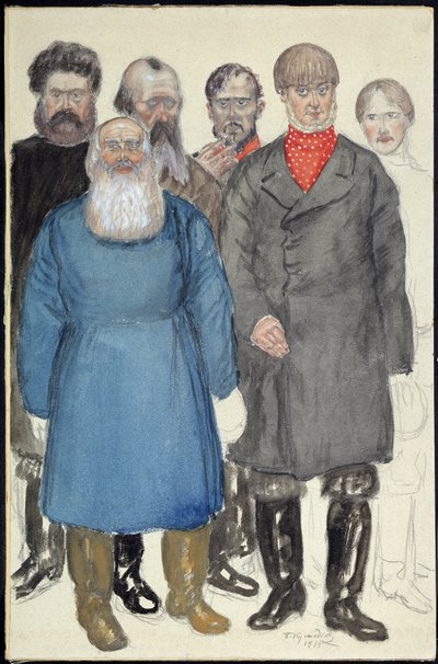 Kostymedesign til teaterstykket Wolves and Sheeps av Alexandre Ostrovsky (1823-1886) (Kostumedesign til teaterstykket Wolfs and Sheeps av A. Ostrovsky). Verk av Boris Michaylovich Kustodiev (Koustodiev) (1878-1927), akvarell på papir av Boris Mikhailovich Kustodiev