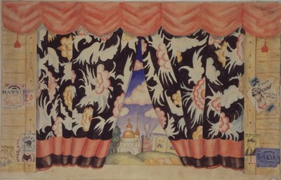 Skisse av gardin for teaterstykket Loppen av E. Zamyatin, 1925-1926 av Boris Mikhailovich Kustodiev