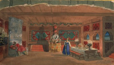 Scenedesign for operaen The Tsars Bride av N. Rimsky-Korsakov, 1920 av Boris Mikhailovich Kustodiev