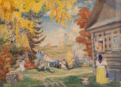 Scenedesign for teaterstykket Peasant Women av Alexander Neverov, 1920 av Boris Mikhailovich Kustodiev