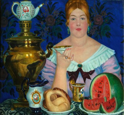 The Merchants Wife drikker te, 1923 av Boris Mikhailovich Kustodiev