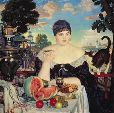 Kjøpmannskona på Tea av Boris Mikhailovich Kustodiev