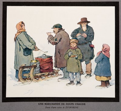 En varm suppeselger, fra Histoire des Soviets, pub. 1922 (farge litho) av Boris Vasilievich Zvorykin