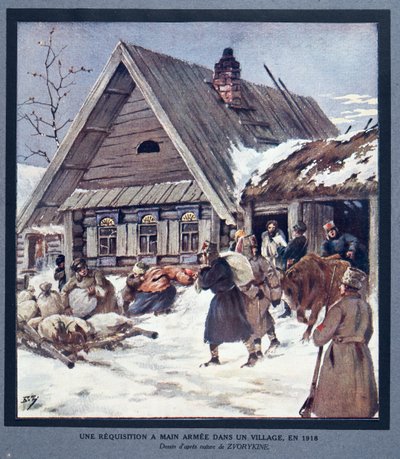 Forsvaret rekvirerer forsyninger i en landsby av Boris Vasilievich Zvorykin