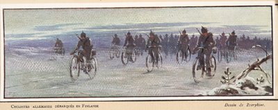 tyske syklister som ankommer Finland; fra Histoire des Soviets, pub. 1922 (farge litho) av Boris Vasilievich Zvorykin