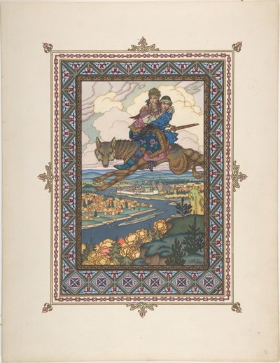 Illustrasjon for eventyret om Ivan Tsarevich, Ildfuglen og den grå ulven, ca. 1925 av Boris Vasilievich Zvorykin