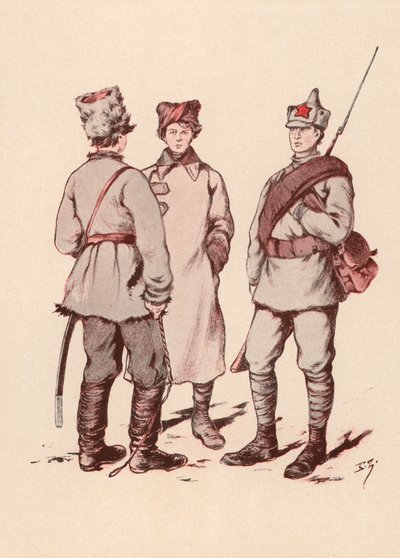 Soldater fra den sovjetiske røde hæren (farge litho) av Boris Vasilievich Zvorykin