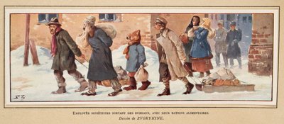 Sovjetiske arbeidere forlater kontoret med matrasjonene sine, fra Histoire des Soviets, pub. 1922 (farge litho) av Boris Vasilievich Zvorykin