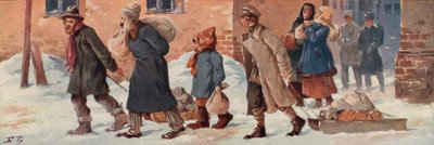 Sovjetiske arbeidere forlater kontorene sine med matrasjonene sine (farge litho) av Boris Vasilievich Zvorykin