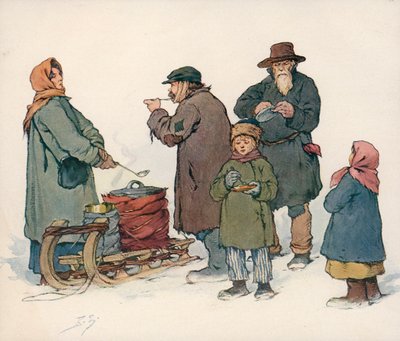 Kvinne som selger varm suppe på gaten i Sovjet-Russland (farge litho) av Boris Vasilievich Zvorykin