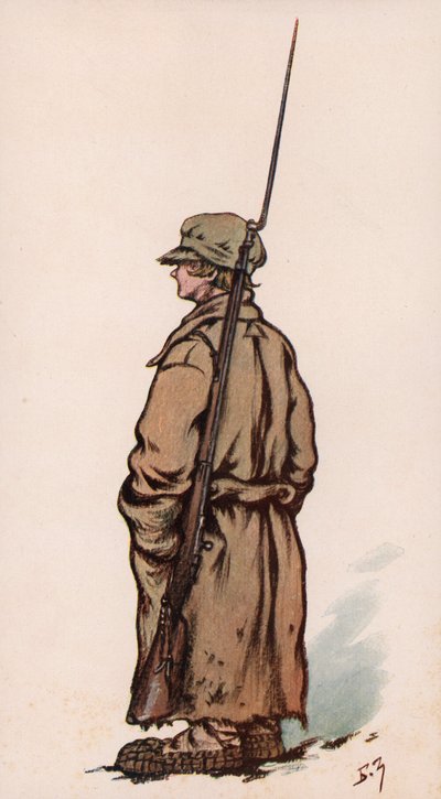 Ung soldat fra den røde hæren, russisk borgerkrig (farge litho) av Boris Vasilievich Zvorykin