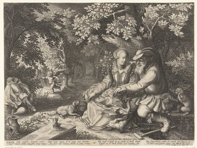 Døden og Amor skyter hverandres piler og en gammel mann kurerer ung kvinne av Boëtius Adamsz. Bolswert