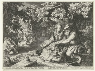Døden og Amor skyter hverandres piler og en gammel mann kurerer ung kvinne av Boëtius Adamsz. Bolswert
