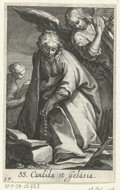 Saint Candida og Saint Gelasia som eremitter med engel SS. Candida et Gelasia (tittel på objekt) Eremittinner (serietittel) Sacra Eremus Ascetriarum (serietittel) av Boëtius Adamsz. Bolswert
