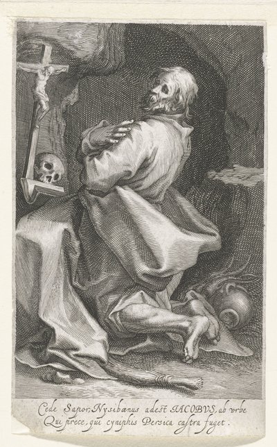 Heilige Jacobus van Nisibis er kluizenaar Gi opp smaken av Nysibaenus (...) Persica flykter fra leiren (tittel på objekt) Kluizenaars (serietittel) Ved det hellige speilet (...) gir fedrene vinger (serietittel) av Boëtius Adamsz. Bolswert