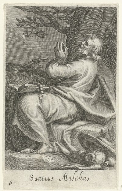 Saint Malchus av Chalcis som eremitt Sanctus Malchus (tittel på objekt) Eremitter (serietittel) Sacra eremvs ascetarvm (serietittel) av Boëtius Adamsz. Bolswert