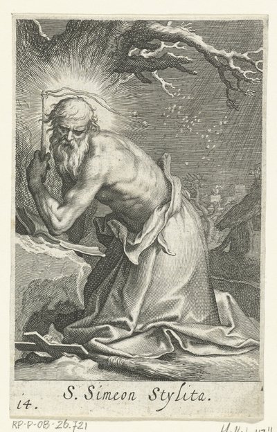 Saint Simeon stilitter den eldste som en eremitt S. Simeon Stylita (tittel på objekt) Eremitter (serietittel) Sacra eremvs ascetarvm (serietittel) av Boëtius Adamsz. Bolswert