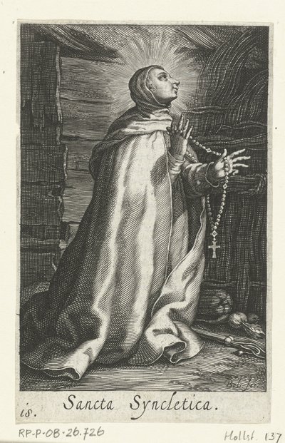 Saint Syncletica av Alexandria som eremittinne Sancta Syncletica (tittel på objekt) Eremittinner (serietittel) Sacra Eremus Ascetriarum (serietittel) av Boëtius Adamsz. Bolswert