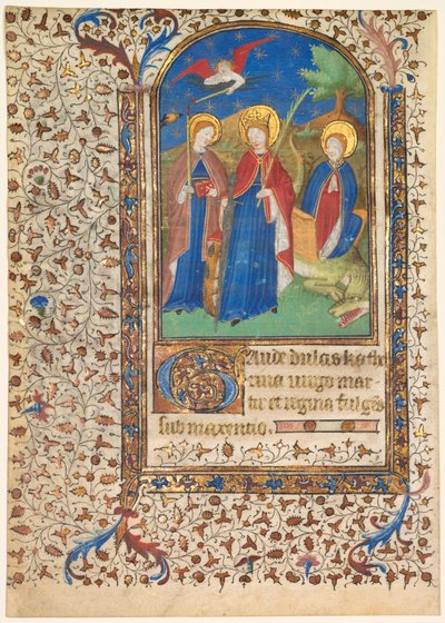 Blad fra en timebok: Sts. Geneviève, Katarina av Alexandria og Margaret recto..., ca. 1415 av Boucicaut Master