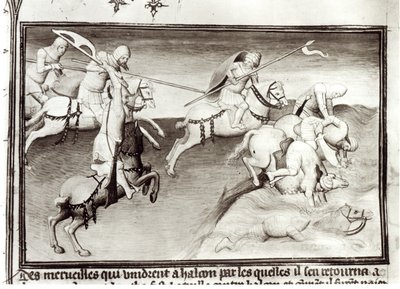 Fr 2810 Den mongolske lederen, Hulagu, khan fra Ilkhanate jager sin fetter, Berke, khan fra Kipchak eller Golden Horde i 1262, og tvinger ham inn i en elv, fra Livre des Merveilles du Monde, ca. 1410- av Boucicaut Master