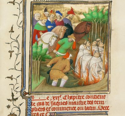 Tempelridderne brant i nærvær av Filip den fagre og hans hoffmenn, ca 1413-1415 av Boucicaut Master,