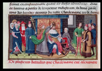 Ms 5089-90 The Coronation of Emperor Charlemagne (747-814) av pave St. Leo III (d.816) julaften 800 AD, fra Chroniques des Empereurs av David Aubert, 1462 av Brabant School