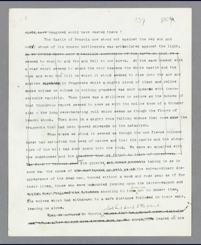 Side 539, kapittel 27, Den slettede passasjen som beskriver ødeleggelsen av Draculas slott, fra Bram Stokers originale maskinskrevne manuskript av 