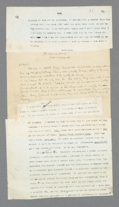 Side 93, kapittel 5, Del av Dr. Sewards grammofondagbok som beskriver pasienten hans, Renfield, fra Bram Stokers originale maskinskrevne manuskript av 