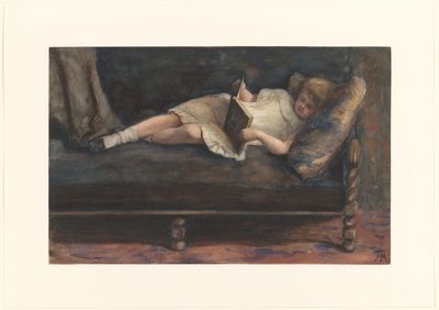 Jente leser, ligger på en sofa av Bramine Hubrecht