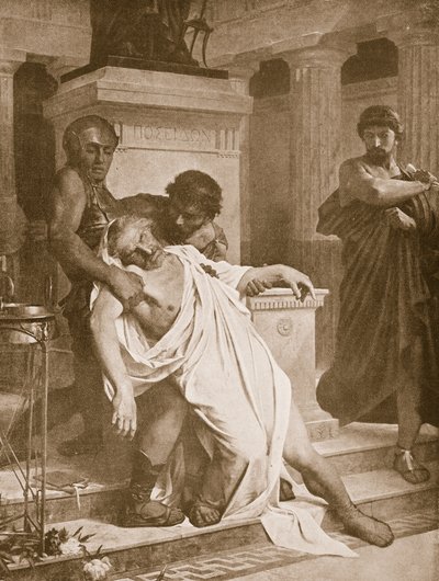 Demosthenes død, illustrasjon fra 'Hutchinsons History of the Nations', ca. 1910 av Bramtott