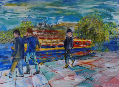 Boys on the Towpath (akryl på papir) av Brenda Brin Booker