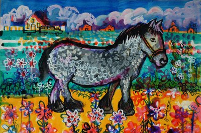 Hest (akrylplakatfarge og farget blekk) av Brenda Brin Booker