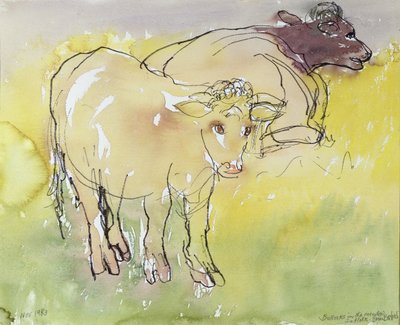 Young Bullocks in the Meadow, 1983 (penn og blekk med wc på papir) av Brenda Brin Booker