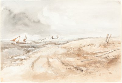 Strandscene med båter i hakkete vann av British 19th Century