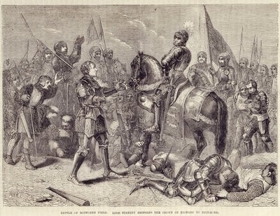 Slaget ved Bosworth-feltet. Lord Stanley bringer kronen til Richard III til Richmond (1485): slutten av krigen om de to roser - i "" Cassells illustrerte historie om England", vol. II, av William Howitt av British School