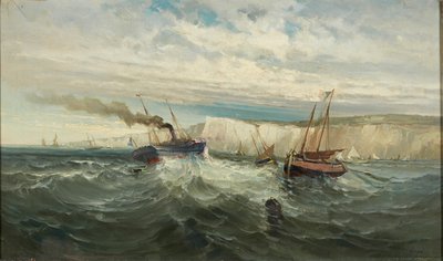 Breaking Waves at the White Cliffs of Dover (olje på lerret) av British School