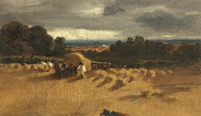 Innhøstingsscene (olje på papir) av British School