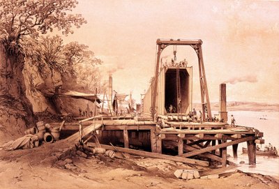 Industriell revolusjon: installasjon av en prefabrikkert bro. Gravering fra "Britannia and Conway Tubular Bridges"" av British School
