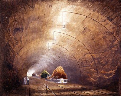 Industriell revolusjon: jernbanetunnel på linjen Manchester - Liverpool. Plate hentet fra "" Liverpool and Manchester Railway", London 1832. av British School