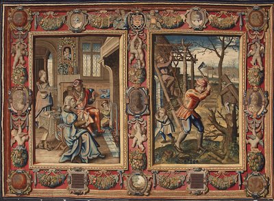 Januar og februar: "Et par ved bålet og en vedhogger"" Tapetet av produsentene til Mortlake. Genes fra 1600-tallet, Musei di Strada Nuova av British School