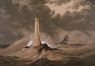 Fyret advarer skip mot steiner i storm på havet (farge litho) av British School