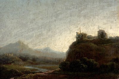Fjelllandskap, kveld (olje på tre) av British School