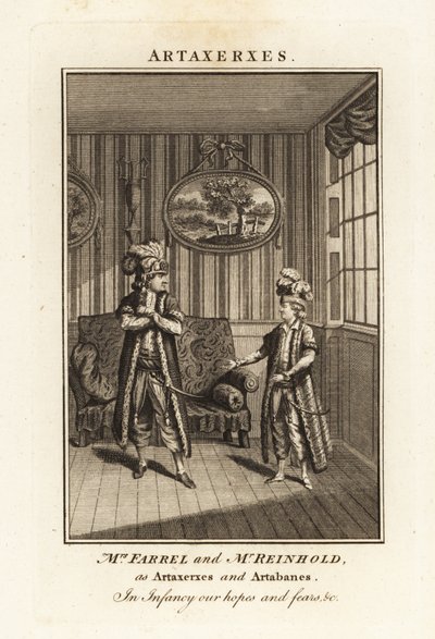 Fru Margaret Farrel og Mr Charles Frederick Reinhold i persisk drakt som Artaxerxes og Artabanes i Thomas Arnes opera Artaxerxes av British School