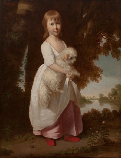 Portrett av en jente som holder en maltesisk spaniel av British School