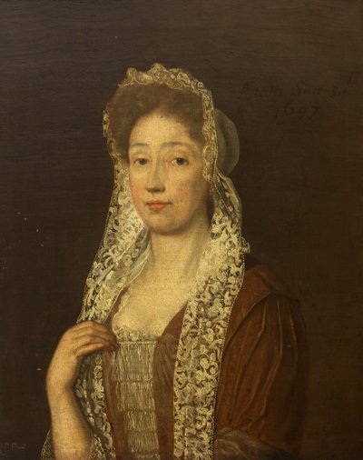 Portrett av en dame med blondehette og strenger av British School