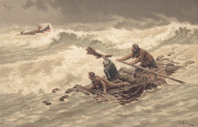 Sjømenn klamrer seg til vraket til sjøs (farge litho) av British School