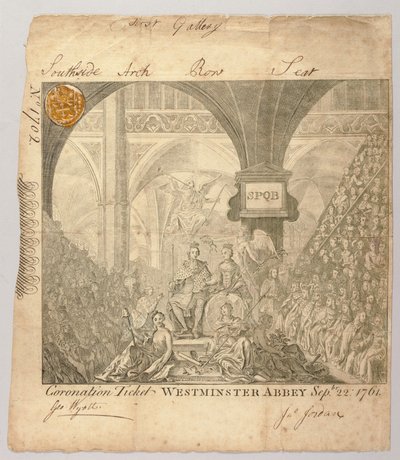 Billett til kroningsseremonien til George III i Westminster Abbey, gravert av George Bickham, 22. september 1761 (gravering) av British School