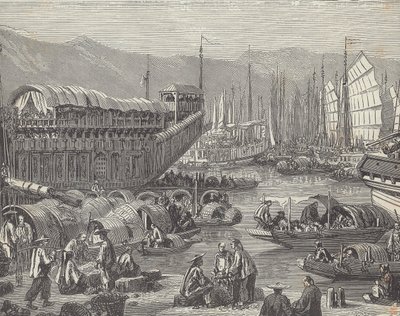 Fartøy i travel havn, Shanghai, Kina (gravering) av British School